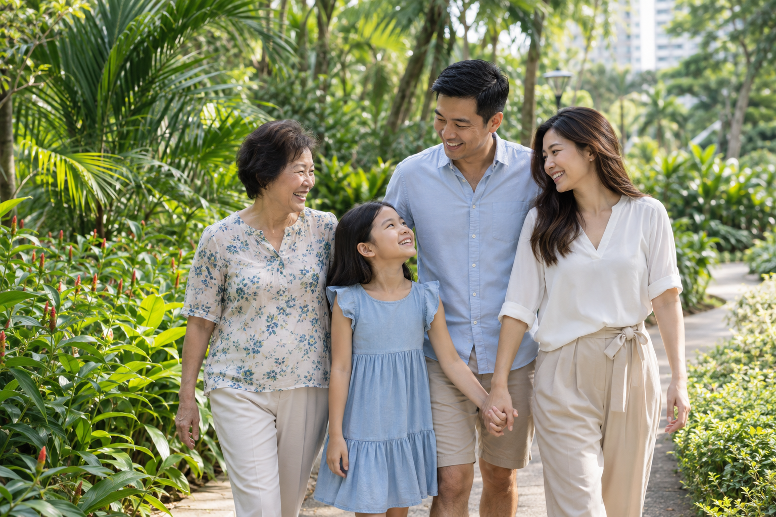 Illustrative photograph of three generations spending time together outdoors